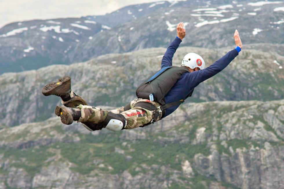 Base jumping off the Kjerag mountain in Norway.