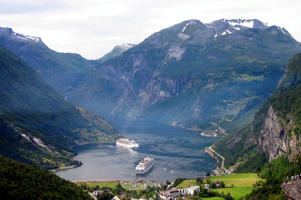 View of Geirangerfjord and ships below.