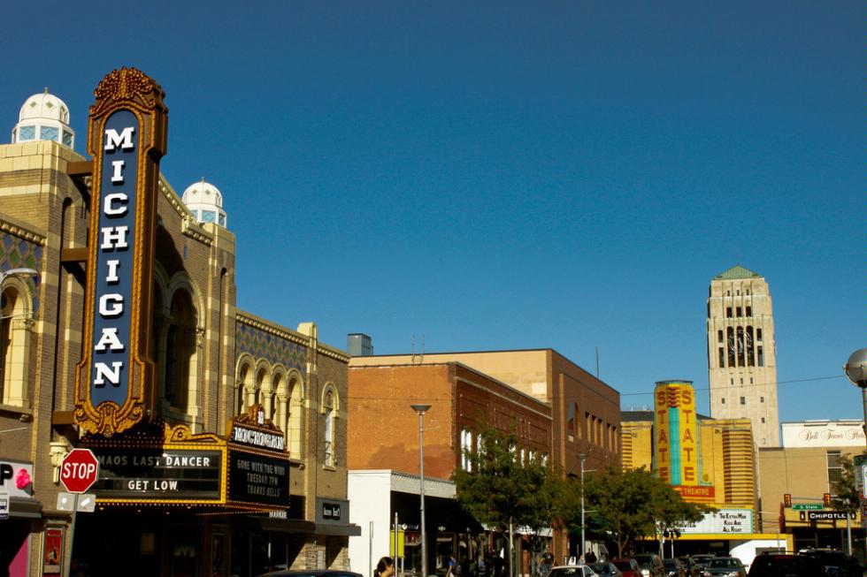 The Michigan Theater, State Theater and the Burton Memorial Tower in Ann Arbor, Michigan.