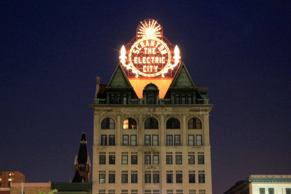 Erected in 1910 and restored in 2004, the Electric City sign in Scranton, Pennsylvania.