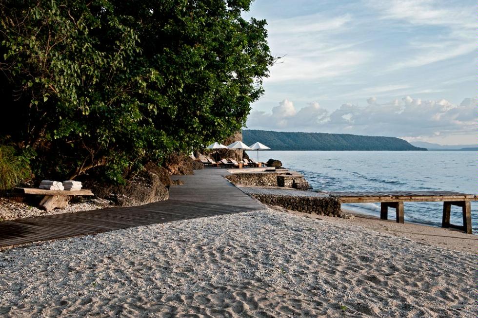 The beach at Amanwana luxury resort on Moyo Island, Indonesia.