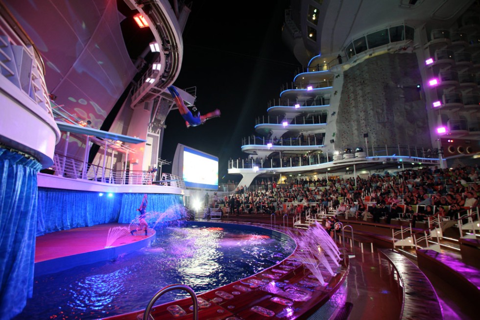 The launch of Royal Caribbean International's Oasis of the Seas, the worlds largest cruise ship. Oasis Dreams at the Aqua theater.