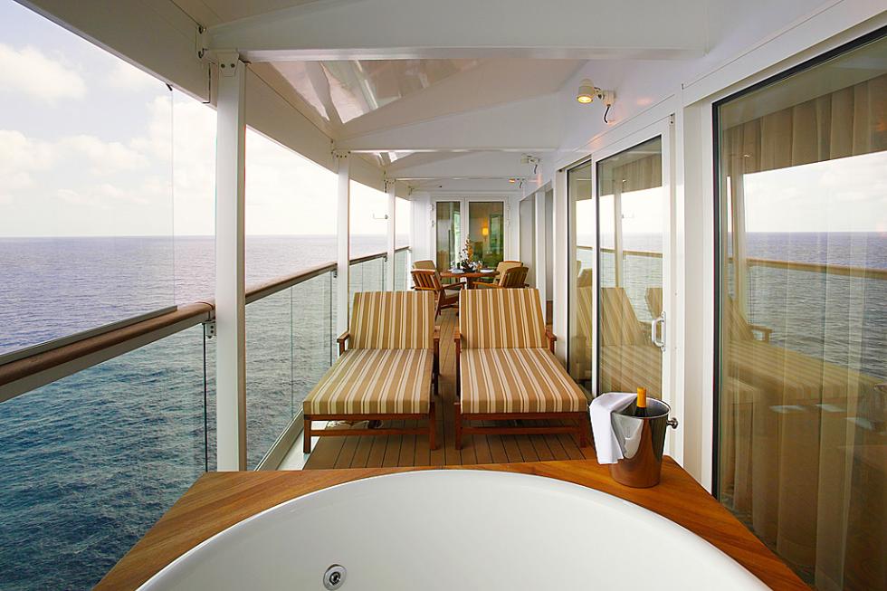 The Royal Suite on the Liberty of the Seas includes a balcony with a whirlpool tub.