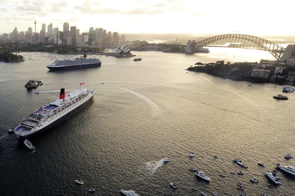 QM2 and Queen Elizabeth in Sydney Harbour.