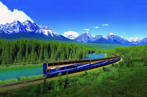 The Rocky Mountaineer passing through the Canadian Rockies.