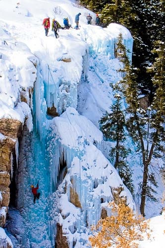 Ice climbers on an ice wall in Ouray, Colorado. Courtesy Matt Inden/Weaver Multimedia Group